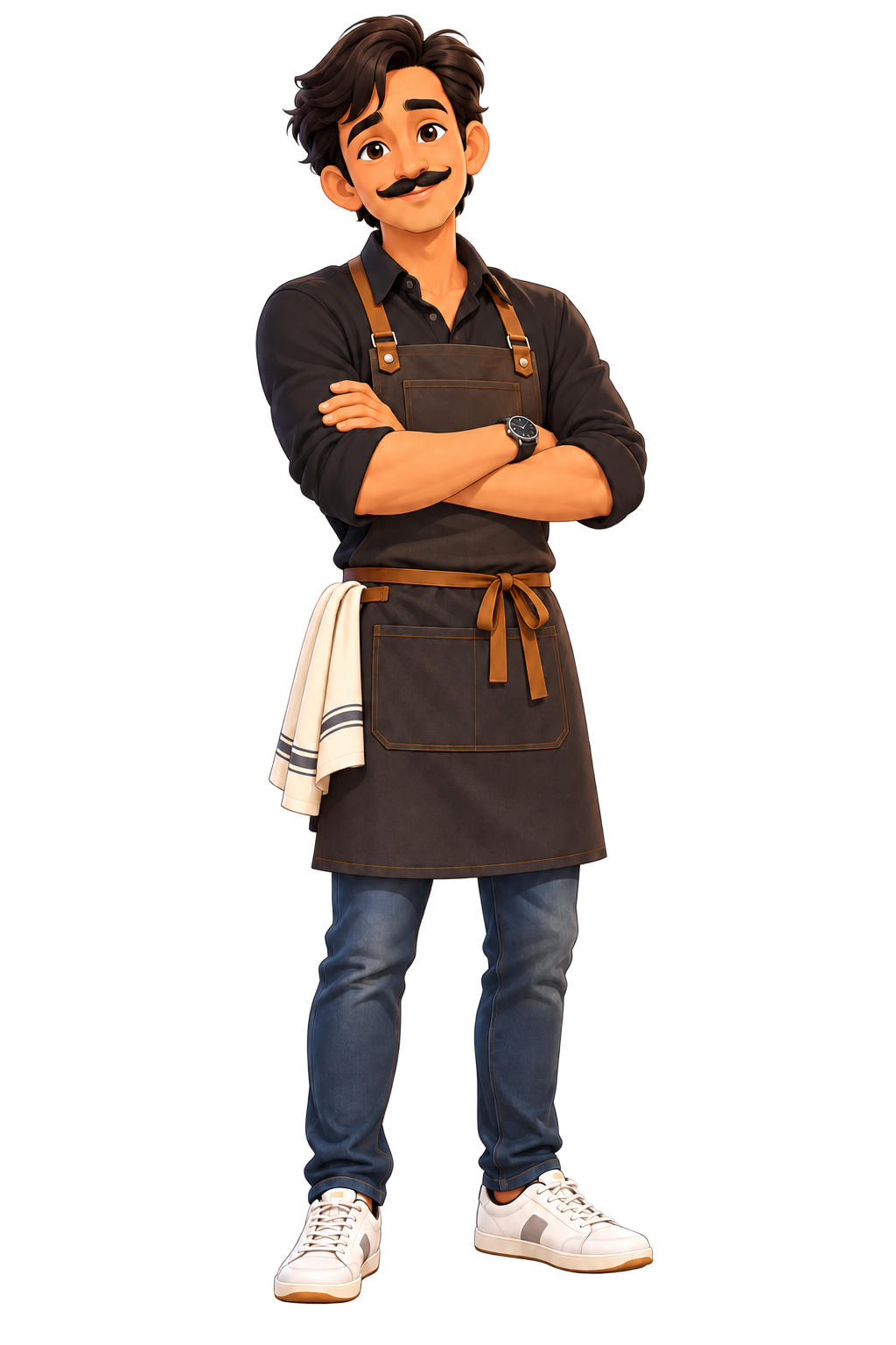 Bittu restaurant owner mascot with arms folded and a welcoming smile