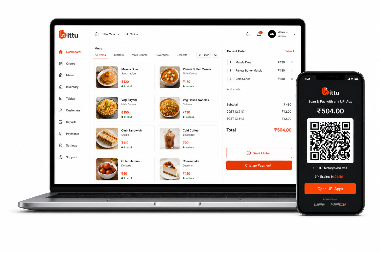 Bittu POS billing and UPI payment product illustration